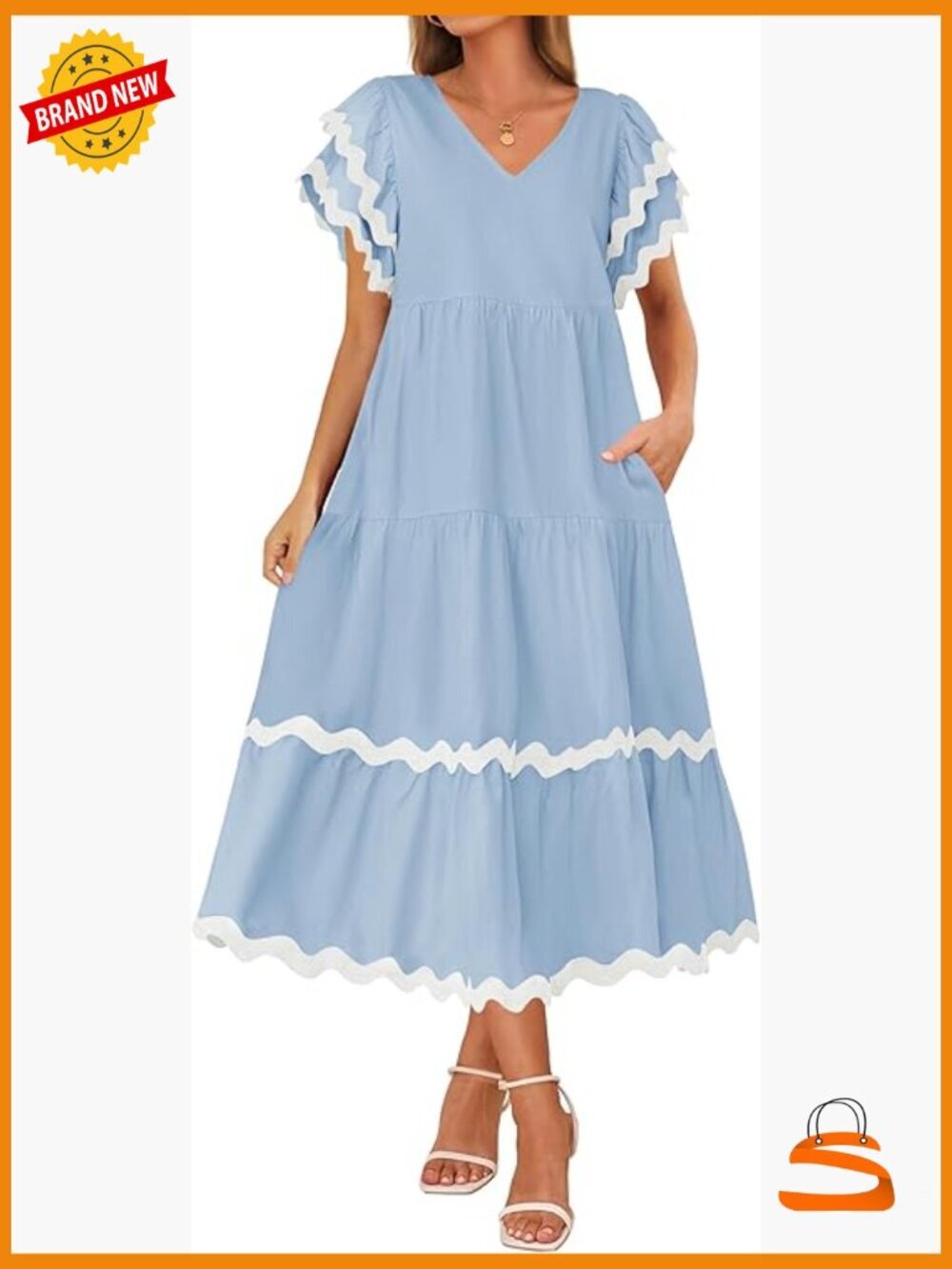 V Neck Flutter Sleeve Ruffle Tiered A-Line Midi Dress